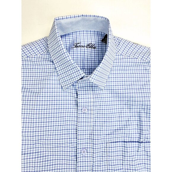Tasso Elba Size Medium 15-15.5 Men's Blue White Check Long Sleeve Cotton Shirt - Picture 1 of 9